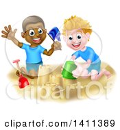 Poster, Art Print Of Happy White And Black Boys Playing And Making Sand Castles On A Beach