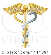 Clipart Of A Gold Medical Caduceus With DNA Snakes On A Winged Rod Royalty Free Vector Illustration