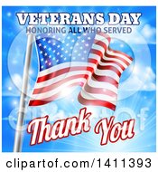 Poster, Art Print Of 3d Rippling American Flag With Veterans Day Honoring All Who Served Thank You Text And Sky