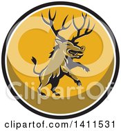 Clipart Of A Retro Rearing Razorback Boar Pig Beast With Antlers In A Black White And Yellow Circle Royalty Free Vector Illustration