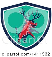 Clipart Of A Retro Rearing Razorback Boar Pig Beast With Antlers In A Blue White And Turquoise Shield Royalty Free Vector Illustration