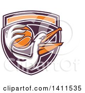 Poster, Art Print Of Retro Pelican Bird Holding A Basketball In His Beak In A Purple White And Orange Shield