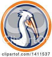 Poster, Art Print Of Retro Pelican Bird In An Orange White Blue And Gray Circle