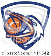 Poster, Art Print Of Retro Pelican Bird Holding A Basketball In His Beak In A Blue White And Gray Shield