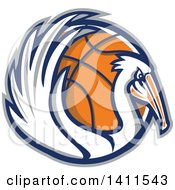 Poster, Art Print Of Retro Pelican Bird Holding A Basketball In A Gray Blue And Orange Circle