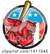 Clipart Of A Cartoon Red Bulldog Baseball Player Batting In An American Themed Circle Royalty Free Vector Illustration