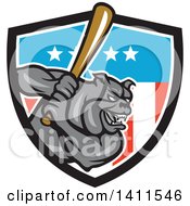 Cartoon Gray Bulldog Baseball Player Batting In An American Themed Shield