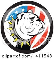 Poster, Art Print Of Cartoon White Bulldog Wearing A Spiked Collar In An American Themed Circle