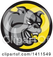 Poster, Art Print Of Cartoon Gray Tough Bulldog In A Black And Yellow Circle