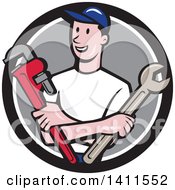 Clipart Of A Retro Cartoon White Male Plumber Mechanic Or Handyman Holding Monkey And Spanner Wrenches In Folded Arms In A Black White And Gray Circle Royalty Free Vector Illustration