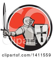 Retro Knight In Full Armor Holding Up A Sword And Shield Emerging From A Black White And Red-Orange Circle