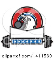 Retro Bald Eagle Head Holding A Kettlebell In His Beak In A Patriotic Design Above A Barbell