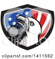 Retro Bald Eagle Head Holding A Kettlebell In His Beak Over A Patriotic Shield