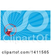Clipart Of A Retro Hunter Aiming A Shotgun And Blue Rays Background Or Business Card Design Royalty Free Illustration