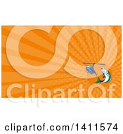 Clipart Of A Retro Barramundi Asian Sea Bass Fish Jumping And Being Hooked By A Helicopter And Orange Rays Background Or Business Card Design Royalty Free Illustration