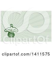 Retro Muscular Male Bodybuilder Athlete Lifting A Kettlebell And Pastel Green Rays Background Or Business Card Design