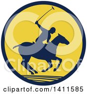 Poster, Art Print Of Silhouetted Polo Player On Horseback Swinging A Mallet In A Navy Blue And Yellow Circle