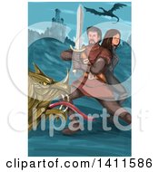 Watercolor Styled Knight Battling A Dragon And Protecting A Princess Near A Castle