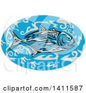 Poster, Art Print Of Retro Tribal Art Style Giant Trevally Kingfish In An Oval Of Blue Water