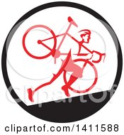 Retro Male Cyclocross Athlete Running And Carrying Bicycle On His Shoulders In A Black White And Red Circle