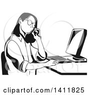Poster, Art Print Of Black And White Woman Talking On A Phone And Working At A Computer Desk