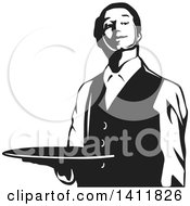 Poster, Art Print Of Black And White Formal Male Waiter Holding A Tray