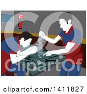 Poster, Art Print Of Male Mechanics Working On Car Parts In A Garage
