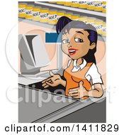 Clipart Of A Friendly Hispanic Female Cashier Gesturing Royalty Free Vector Illustration by David Rey