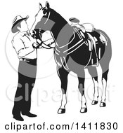 Poster, Art Print Of Black And White Cowboy Petting His Horse