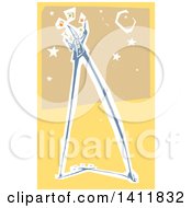Clipart Of A Woodcut Circus Clown Walking On Stilts And Juggling Over A Moon And Stars On Yellow Royalty Free Vector Illustration