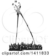 Clipart Of A Black And White Woodcut Circus Clown Walking On Stilts And Juggling Over An Angry Crowd Royalty Free Vector Illustration