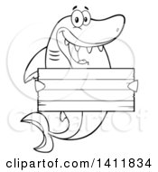 Poster, Art Print Of Cartoon Black And White Lineart Happy Shark Mascot Character Holding A Wooden Sign