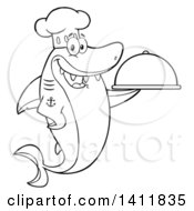 Poster, Art Print Of Cartoon Black And White Lineart Happy Chef Shark Mascot Character Holding A Cloche Platter