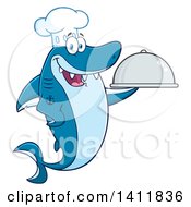 Poster, Art Print Of Cartoon Happy Chef Shark Mascot Character Holding A Cloche Platter