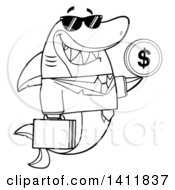 Cartoon Black And White Lineart Business Shark Mascot Character Wearing Sunglasses And Holding A Usd Coin
