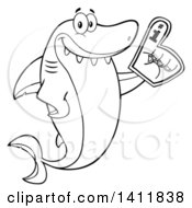 Clipart Of A Cartoon Black And White Lineart Happy Shark Mascot Character Wearing A Foam Finger Royalty Free Vector Illustration