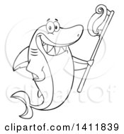 Poster, Art Print Of Cartoon Black And White Lineart Happy Shark Mascot Character Holding A Toothbrush