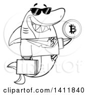 Clipart Of A Cartoon Black And White Lineart Happy Business Shark Mascot Character Holding A Goden Bitcoin Royalty Free Vector Illustration by Hit Toon