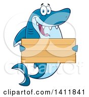 Poster, Art Print Of Cartoon Happy Shark Mascot Character Holding A Wooden Sign