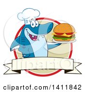 Poster, Art Print Of Cartoon Happy Shark Chef Mascot Character Serving A Cheeseburger In A Circle Over A Blank Banner