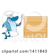 Poster, Art Print Of Cartoon Happy Shark Chef Mascot Character By A Wood Menu Sign