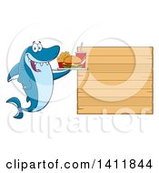 Poster, Art Print Of Cartoon Happy Shark Mascot Character Holding A Tray Of Fast Food By A Blank Menu Board