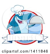Poster, Art Print Of Cartoon Happy Chef Shark Mascot Character Holding A Cloche Platter Over A Circle And Blank Banner