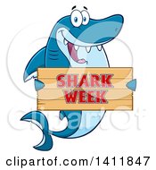 Poster, Art Print Of Cartoon Happy Shark Mascot Character Holding A Shark Week Sign
