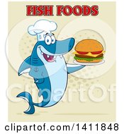 Poster, Art Print Of Cartoon Happy Shark Chef Mascot Character Serving A Cheeseburger With Text On Halftone