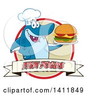 Poster, Art Print Of Cartoon Happy Shark Chef Mascot Character Serving A Cheeseburger In A Circle Over A Banner
