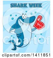 Poster, Art Print Of Cartoon Happy Shark Mascot Character Wearing A Foam Finger With Text Over Blue