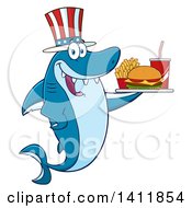 Poster, Art Print Of Cartoon Happy Patriotic American Shark Mascot Character Holding A Tray Of Fast Food