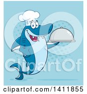 Poster, Art Print Of Cartoon Happy Chef Shark Mascot Character Holding A Cloche Platter Over Blue