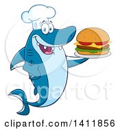 Poster, Art Print Of Cartoon Happy Shark Chef Mascot Character Serving A Cheeseburger